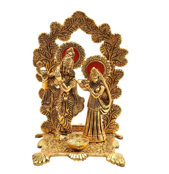 Radha Krishna Idol with Hindu Peacock Design Religious Statue with Diya